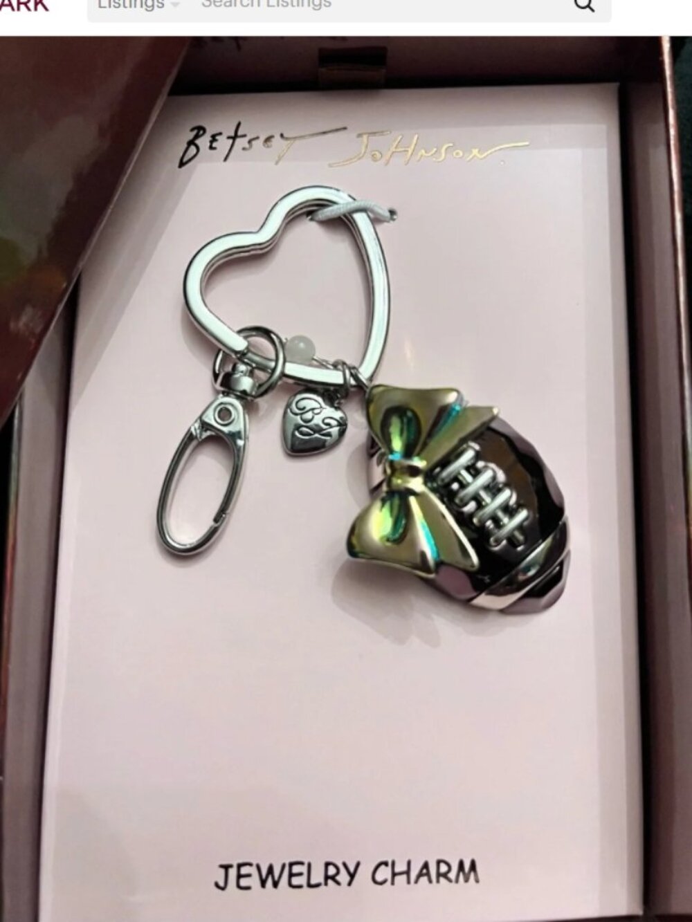 NWT BETSEY JOHNSON Shiny Metallic Football with Pink Bow Bag Charm Keychain